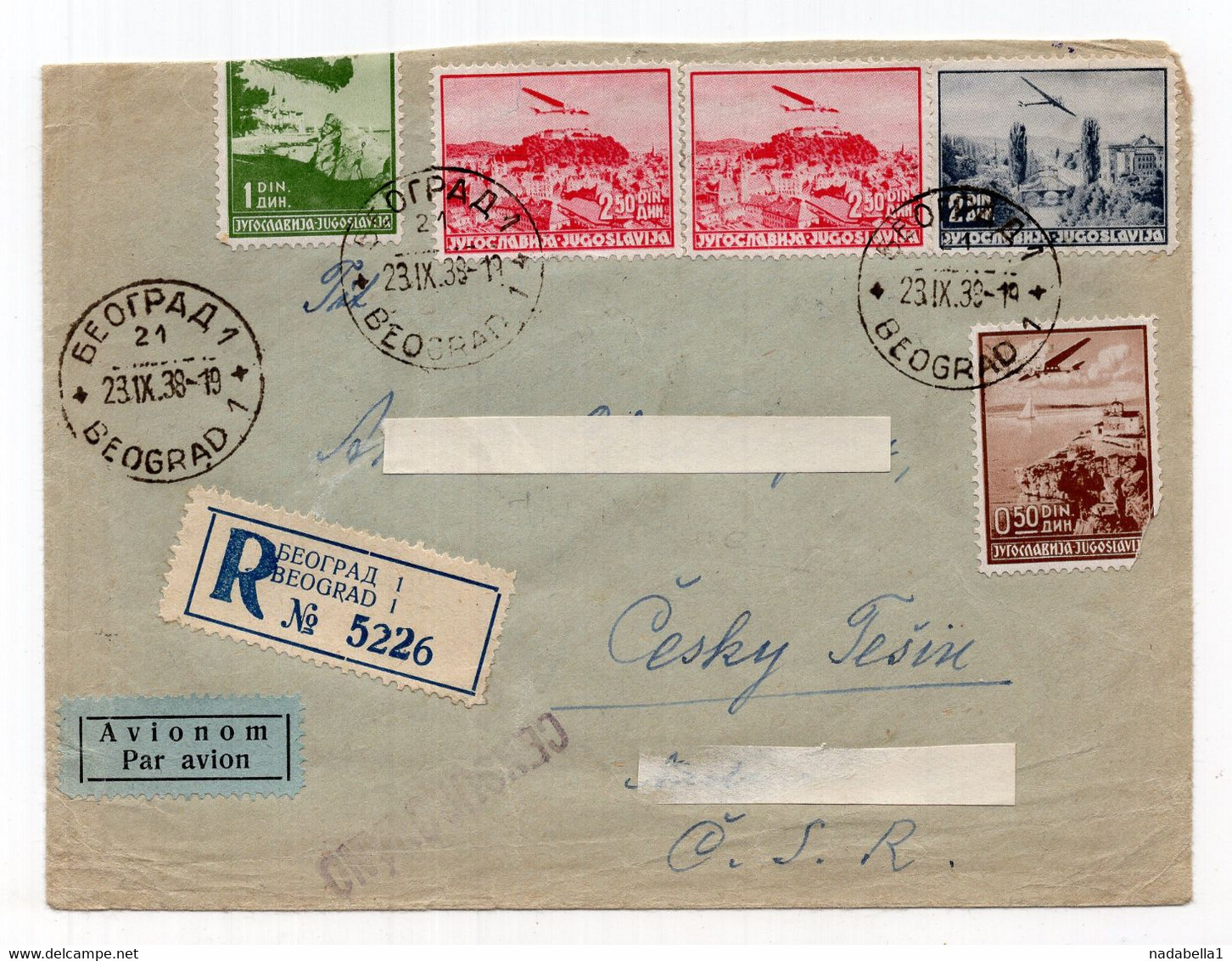 1938. KINGDOM OF YUGOSLAVIA,SERBIA,BELGRADE TO CZECHOSLOVAKIA,AIRMAIL RECORDED COVER - Luchtpost