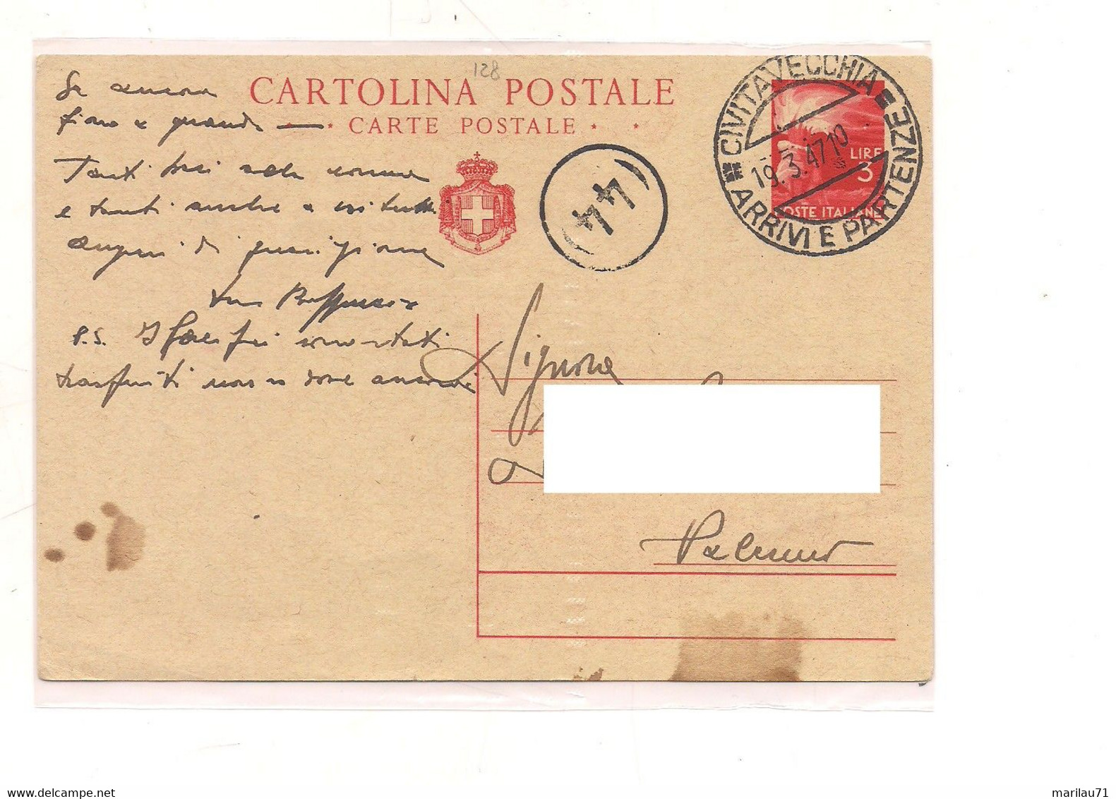 1180 Intero Postale Democratica £3 1947 Civitavecchia Usato No Aggiunti - Interi Postali