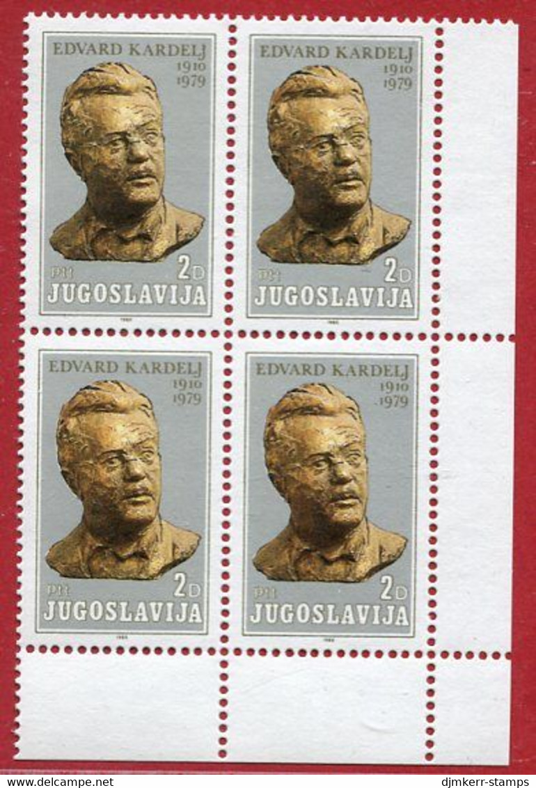 YUGOSLAVIA 1980 Kardelj 70th Birthday Block Of 4 MNH / **.  Michel 1819 - Nuevos