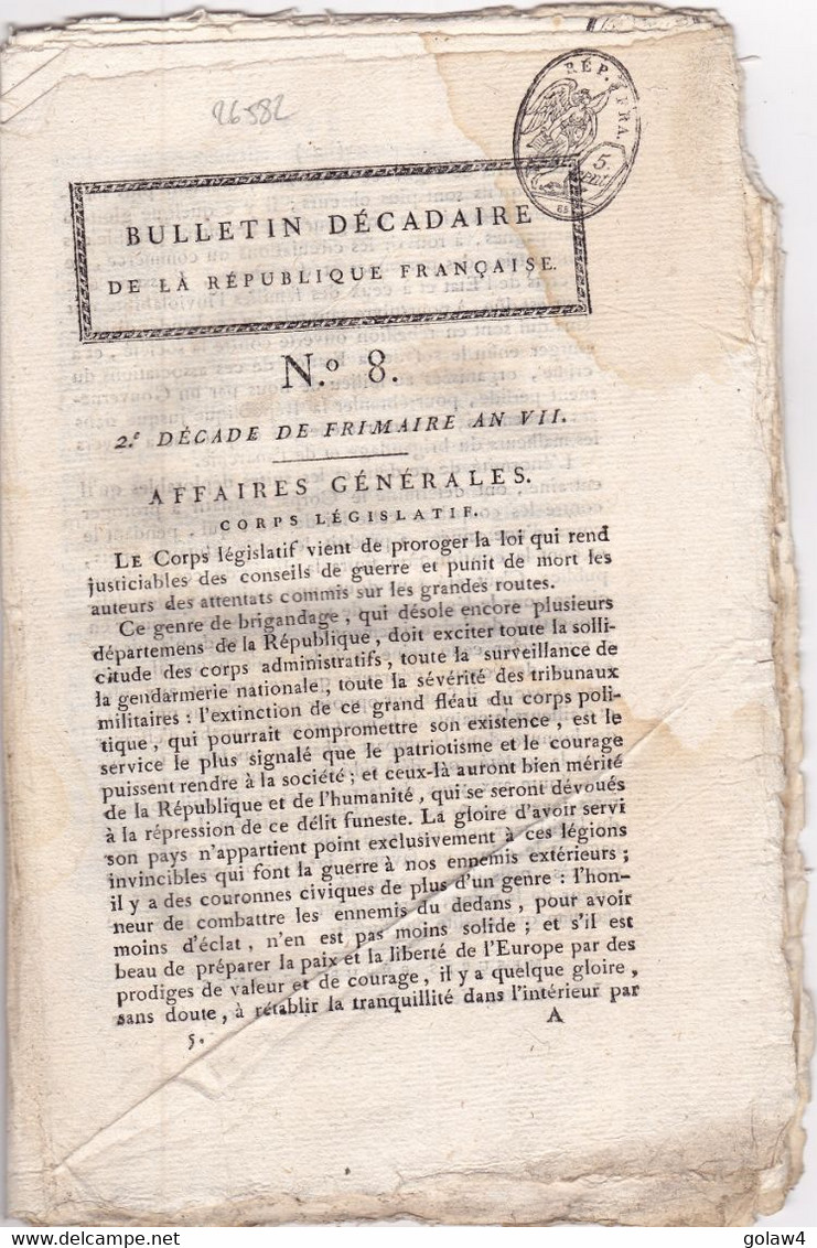 26582# JOURNAL COMPLET BULLETIN DECADAIRE DE LA REPUBLIQUE FRANCAISE 1799 TIMBRE FISCAL HUMIDE 5 Centimes 85 NOIR HUMIDE - Periódicos - Antes 1800