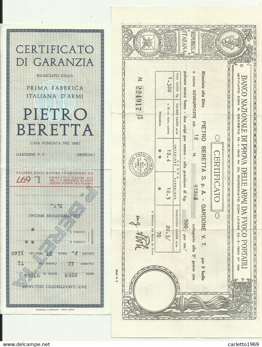 CERTIFICATO PROVA ARMI PIETRO BERETTA COMPLETO CON NUMERO DI MATRICOLA E CUSTODIA, GARDONE VAL TROMPIA - Documents