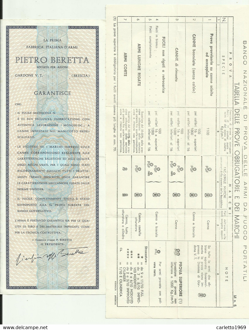 CERTIFICATO PROVA ARMI PIETRO BERETTA COMPLETO CON NUMERO DI MATRICOLA E CUSTODIA, GARDONE VAL TROMPIA - Documenti