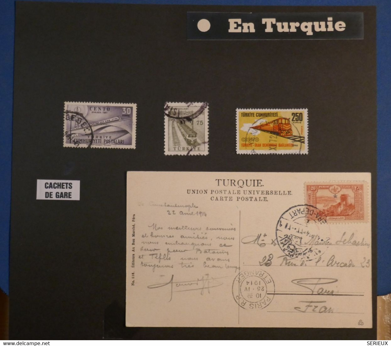 AJ8 TURQUIE ENS.  BELLE CARTE + TP 1914  POSTE FERROVIAIRE  CACHETS SPECIAL ALGER POUR  PARIS FRANCE++AFFRANCH. PLAISANT - Brieven En Documenten