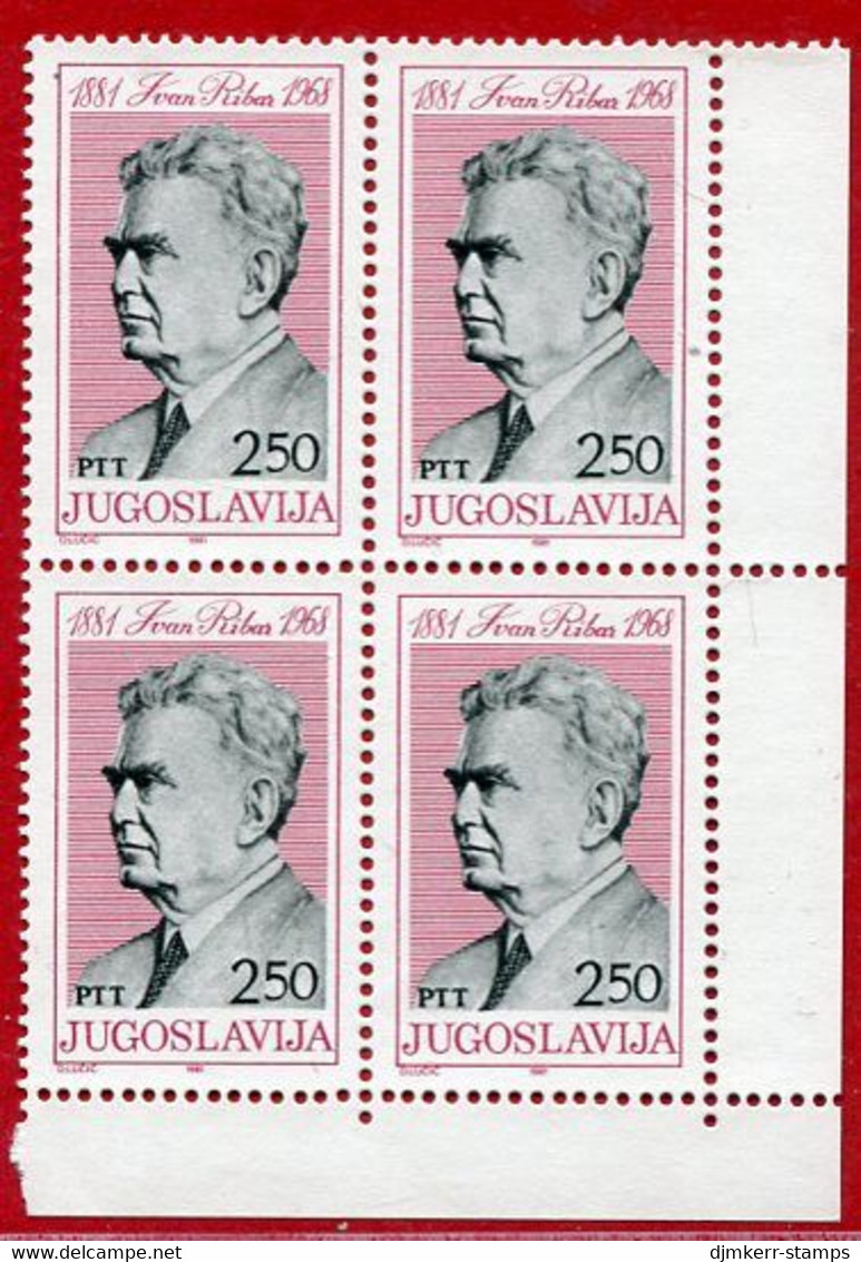 YUGOSLAVIA 1981 Ivan Ribar Birth Centenary Block Of 4  MNH / **.  Michel 1872 - Unused Stamps