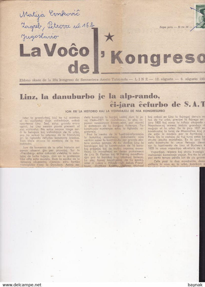 ESPERANTO  -  2 X NEWSPAPER, ZEITUNG   ,,  LA VOCO DEL KONGRESO ,,  -  1955  -   LINZ, AUSTRIA  + NORDA PRISMO ( STOCKH - Esperanto