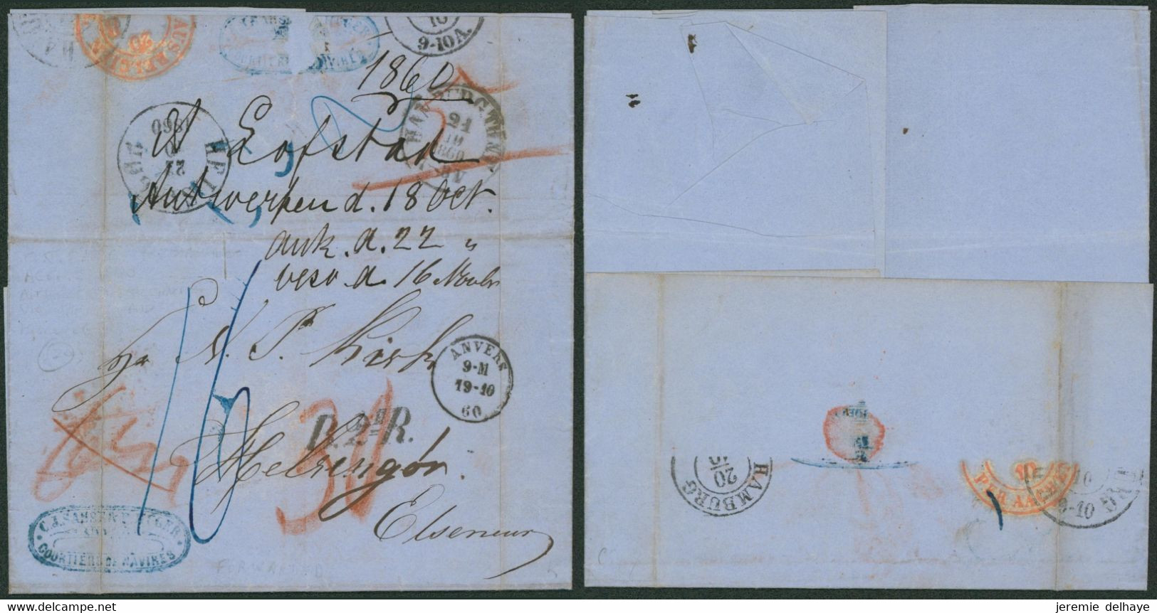 L. Non Affranchie Datée De Anvers (1860) Via Le 2e Rayon > Helsington (Angleterre) Via Hamburg / Courtiers De Navires - Poste Rurale