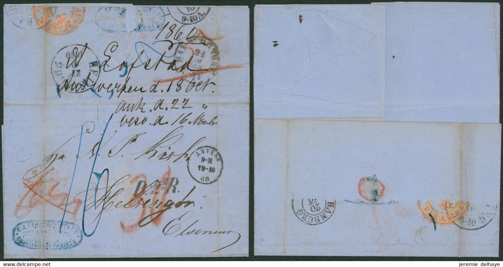 L. Non Affranchie Datée De Anvers (1860) Via Le 2e Rayon > Helsington (Angleterre) Via Hamburg / Courtiers De Navires - Rural Post