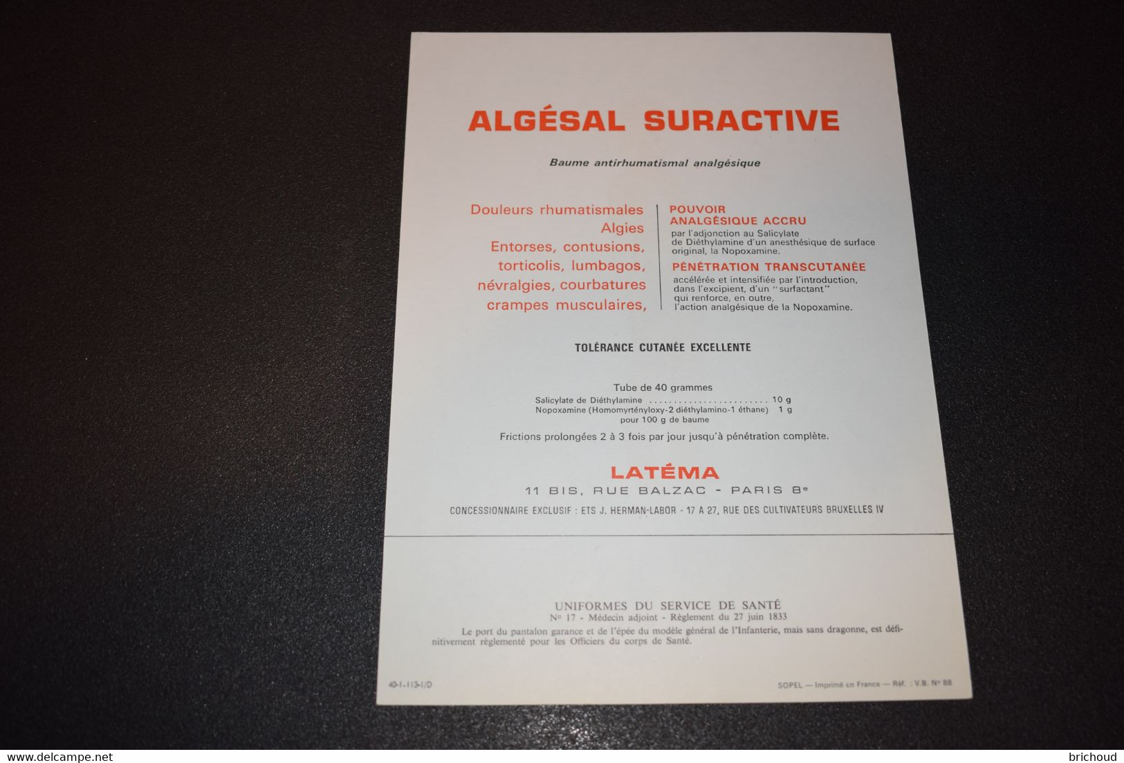 Pub Pharmaceutique Latéma Algéral Suractive Militaire Médecin Adjoint 1833 - Documents