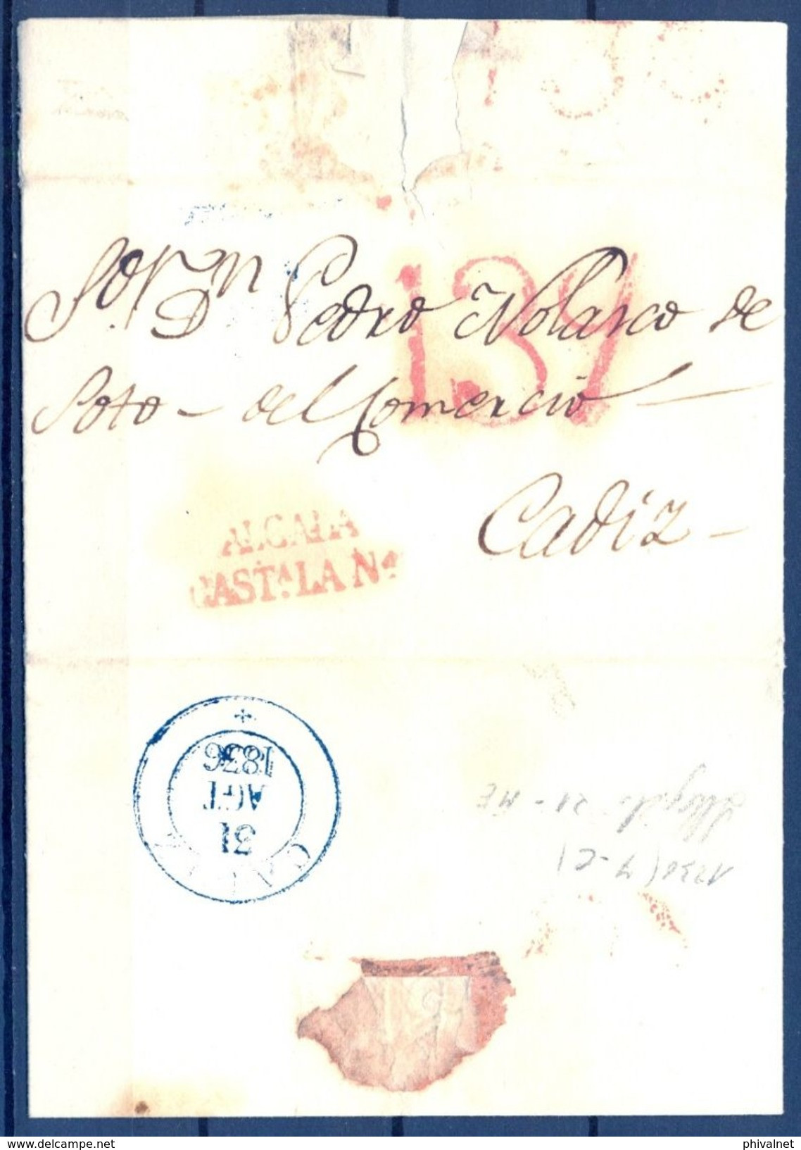 1836 , MADRID , ALCALÁ DE HENARES - CÁDIZ , MARCA PREF. Nº 7 , Y LLEGADA Nº21 DE CADIZ , RARA - ...-1850 Prephilately