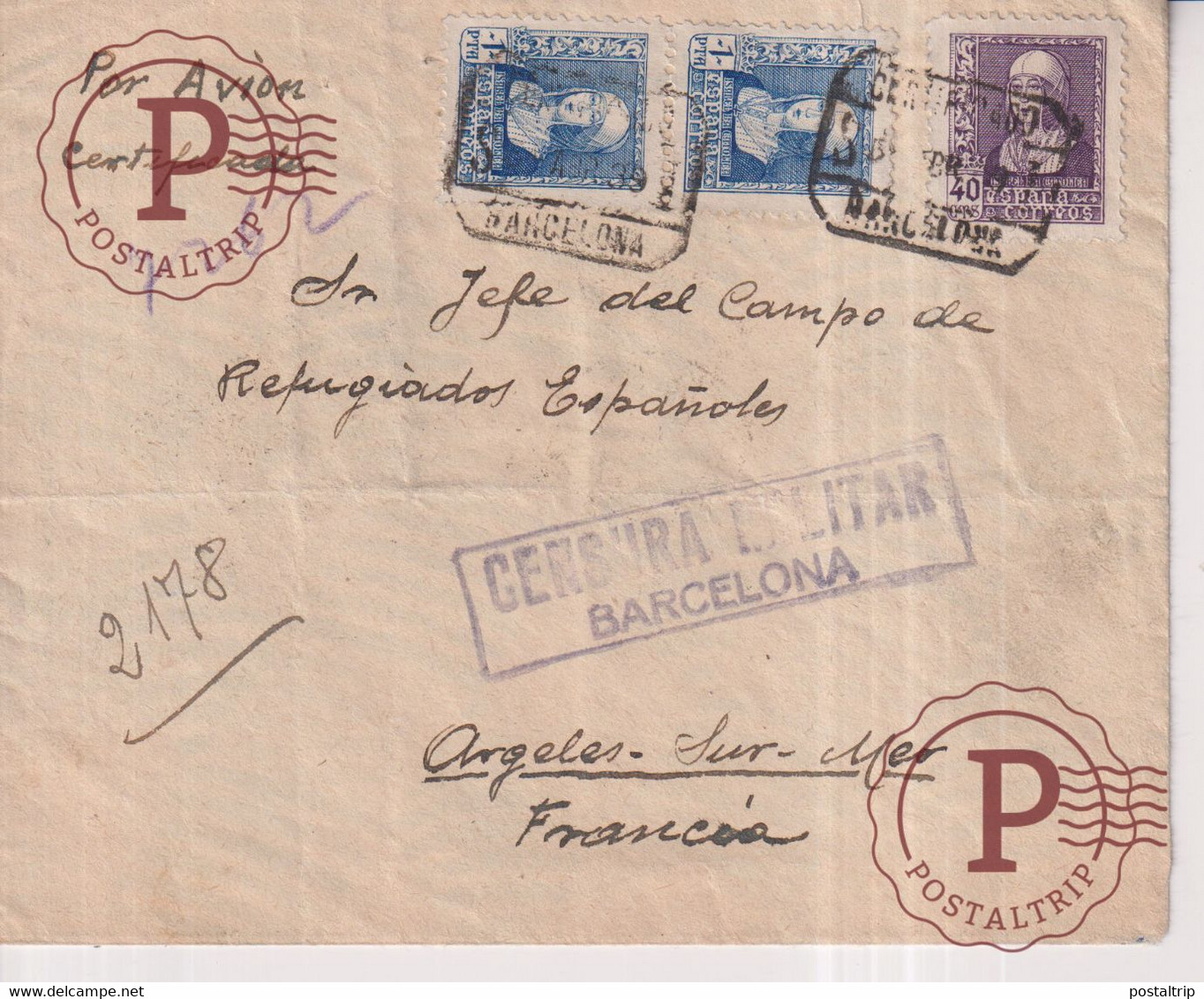 CAMP D'ARGELES SUR MER JEE DEL CAMPO REFUGIADOS ESPAÑOLES CERTIFICADO Republicanos Exilio Guerra Civil ESPAÑOLA - Covers & Documents