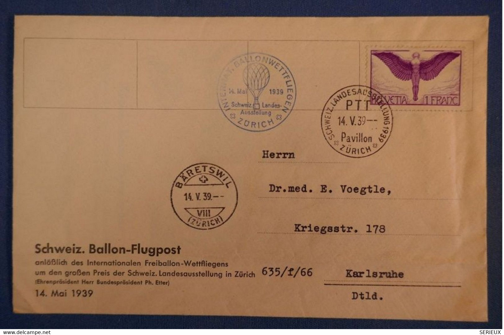 E8 SUISSE BELLE LETTRE 1939 POSTE AERIENNE BALLON ZURICH PAVILLON POUR KARLSRUHE +AFFRANCH. PLAISANT - Sonstige & Ohne Zuordnung