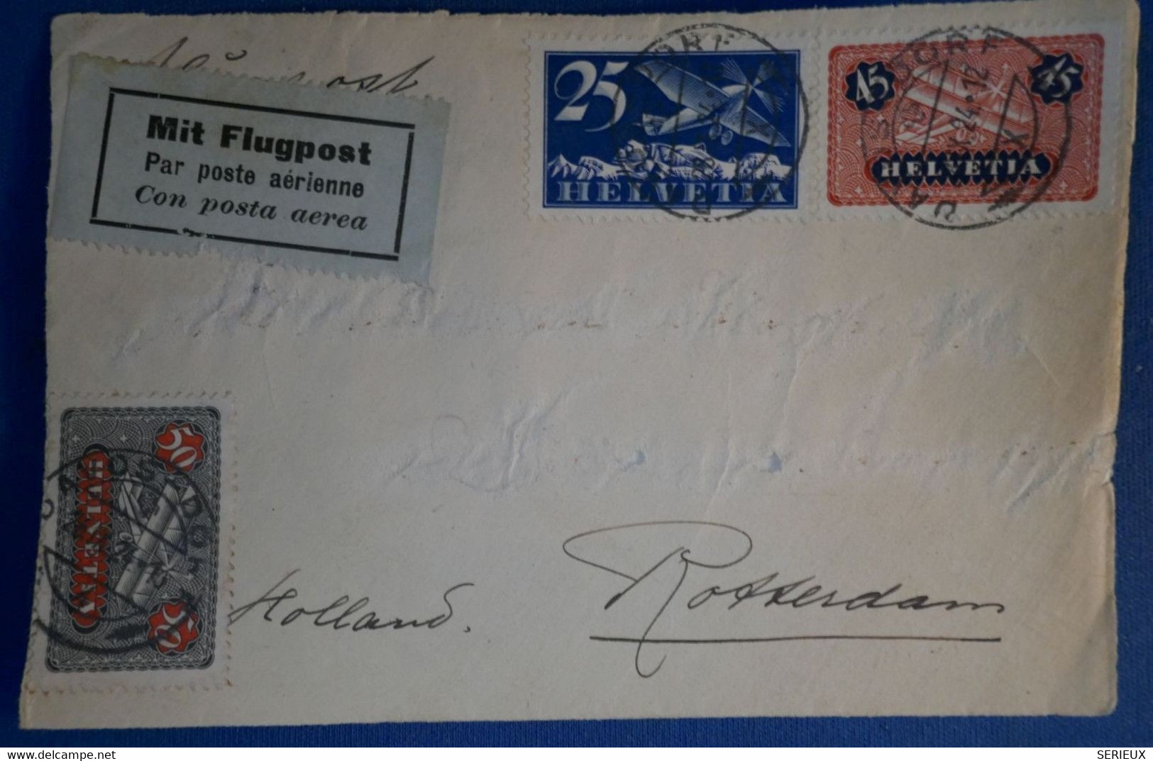 E9 SUISSE BELLE LETTRE DEVANT 1924 PAR AVION HELVETIA POUR ROTTERDAM HOLLAND + TIMBRES COTéS - Andere & Zonder Classificatie