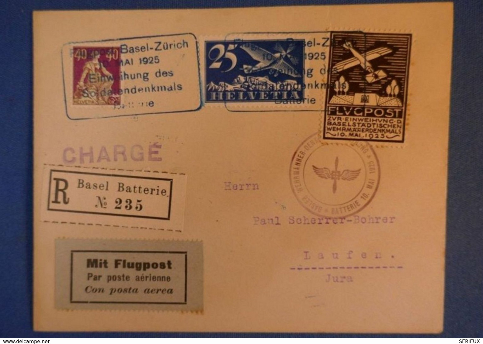 D 89 SUISSE BELLE LETTRE RECOMMANDEE 1925 VOIE AERIENNE ZURICH LAUFEN + RICHES CACHETS INTERESSANTS - Other & Unclassified