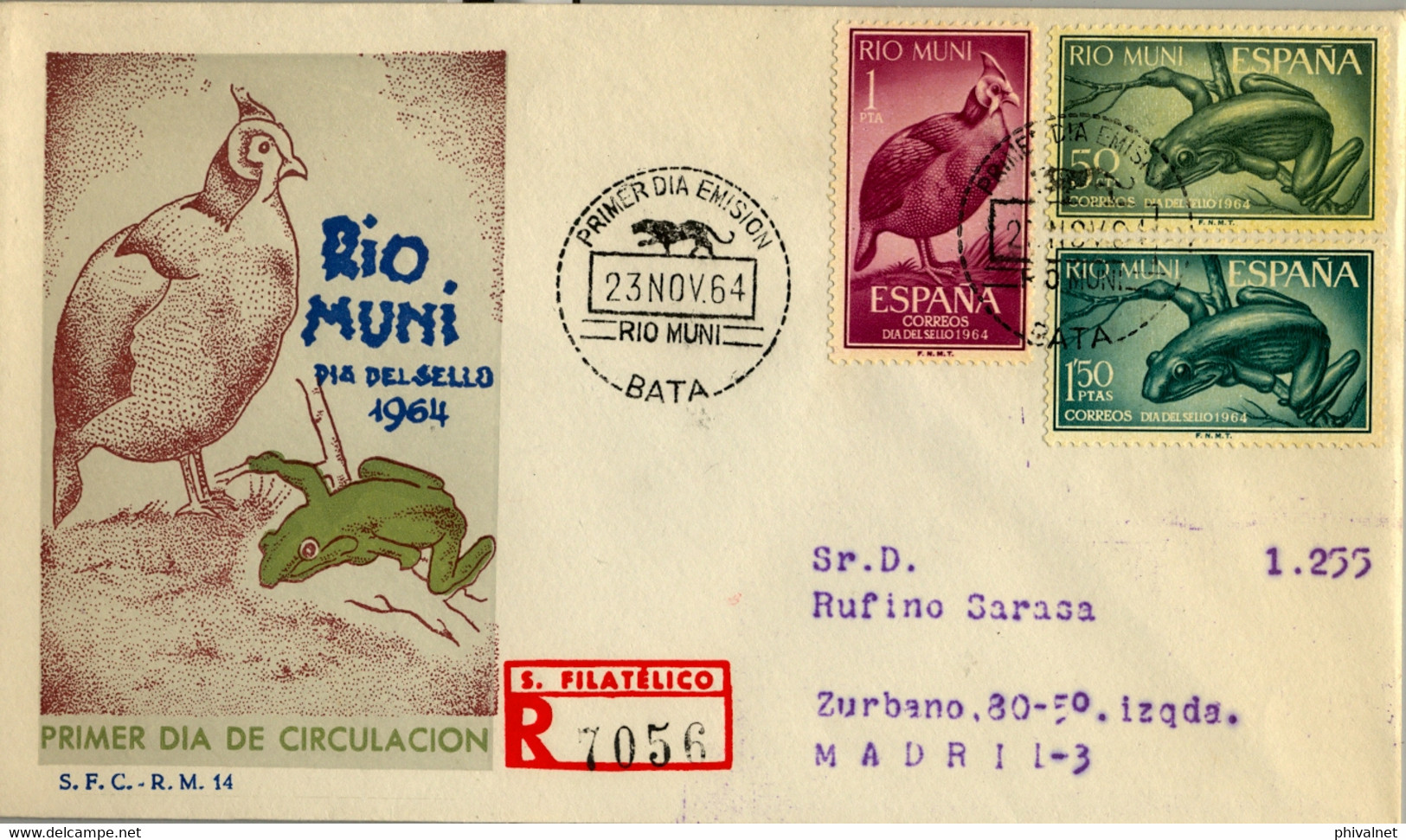 1964 RIO MUNI , SOBRE DE PRIMER DIA CIRCULADO , ED. 57 / 59 - DIA DEL SELLO , AVES , BIRDS - Rio Muni