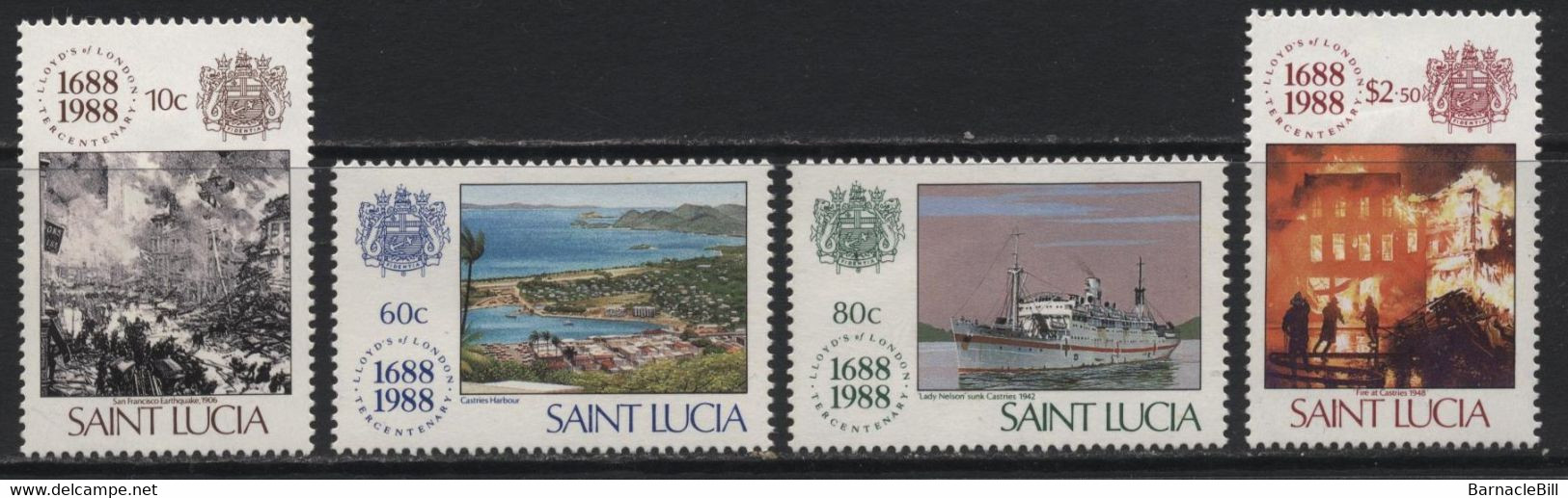 St. Lucia (17) 1988. Lloyds Of London Set. Mint. Hinged. - St.Lucia (1979-...)