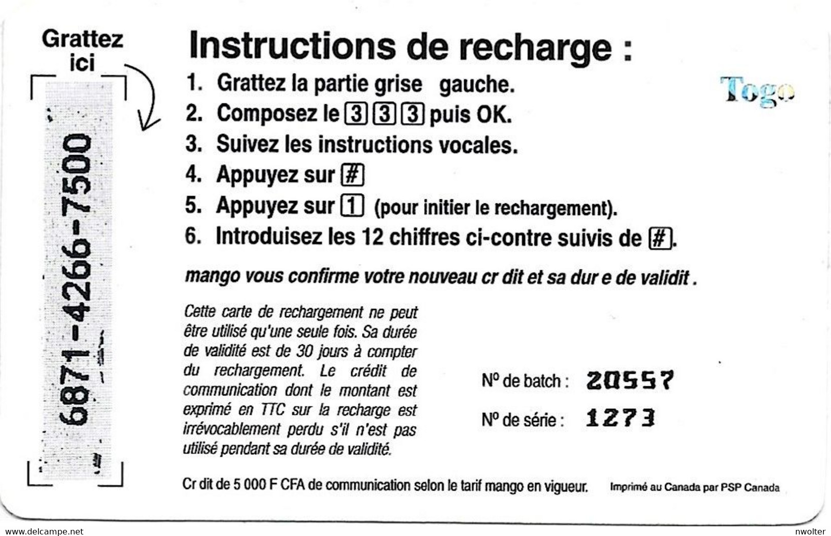 @+ Togo - Recharge Mango Telecel 5000 CFA - Togo