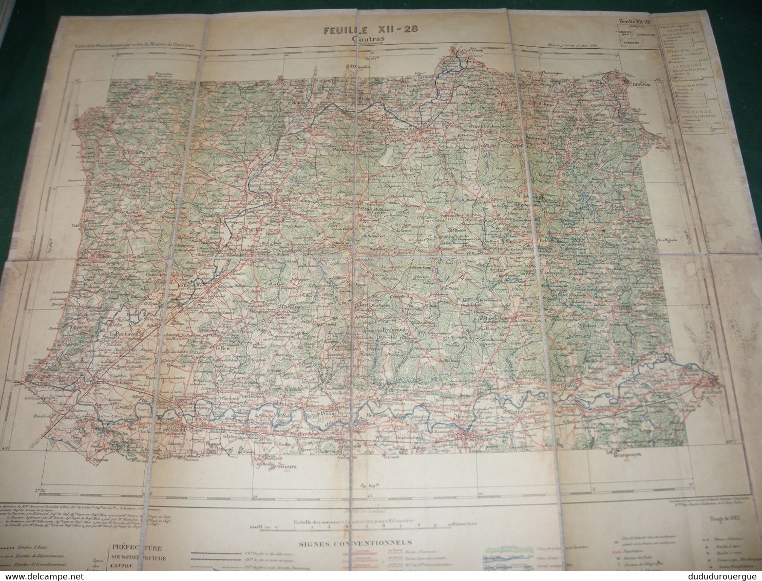 COUTRAS :  CARTE DRESSEE PAR ORDRE DU MINISTERE DE L INTERIEUR ,  TIRAGE DE 1912  , CARTE  TOILEE - Cartes Topographiques