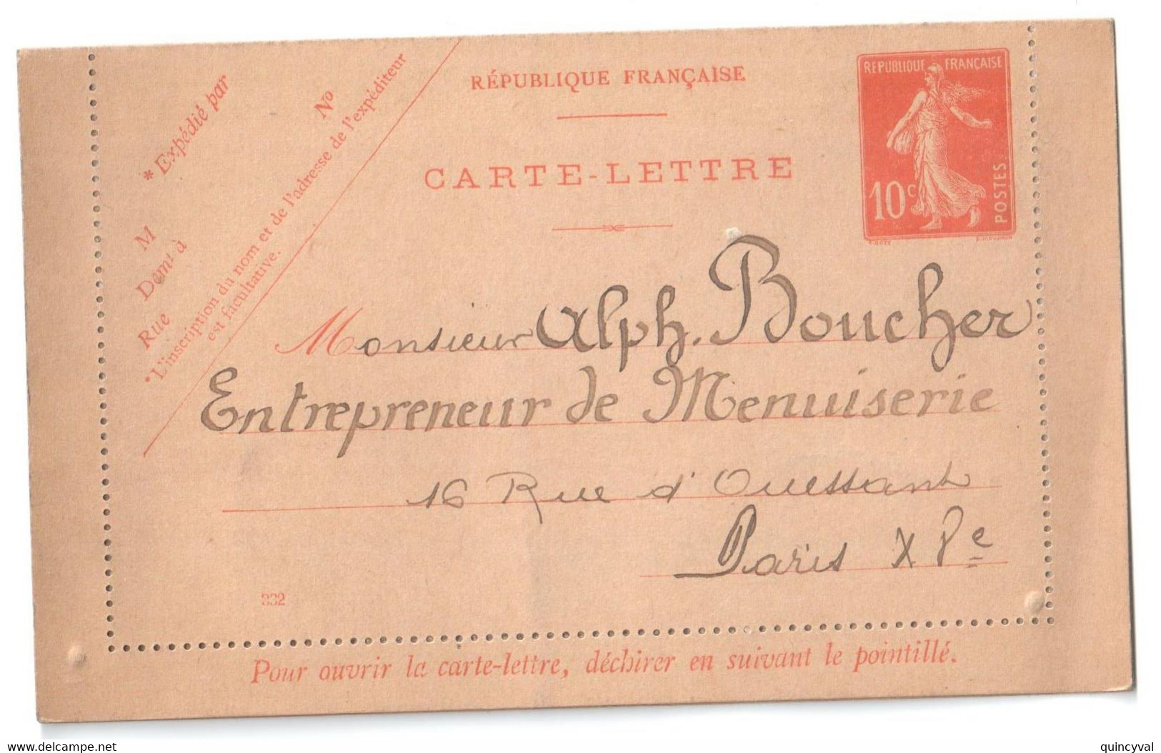 Carte Lettre Entier 10c Semeuse PAS CIRCULEE Adresse Destinataire Rédigée Paris Manuscrit Yv Storch E8 Mill 332 - Letter Cards