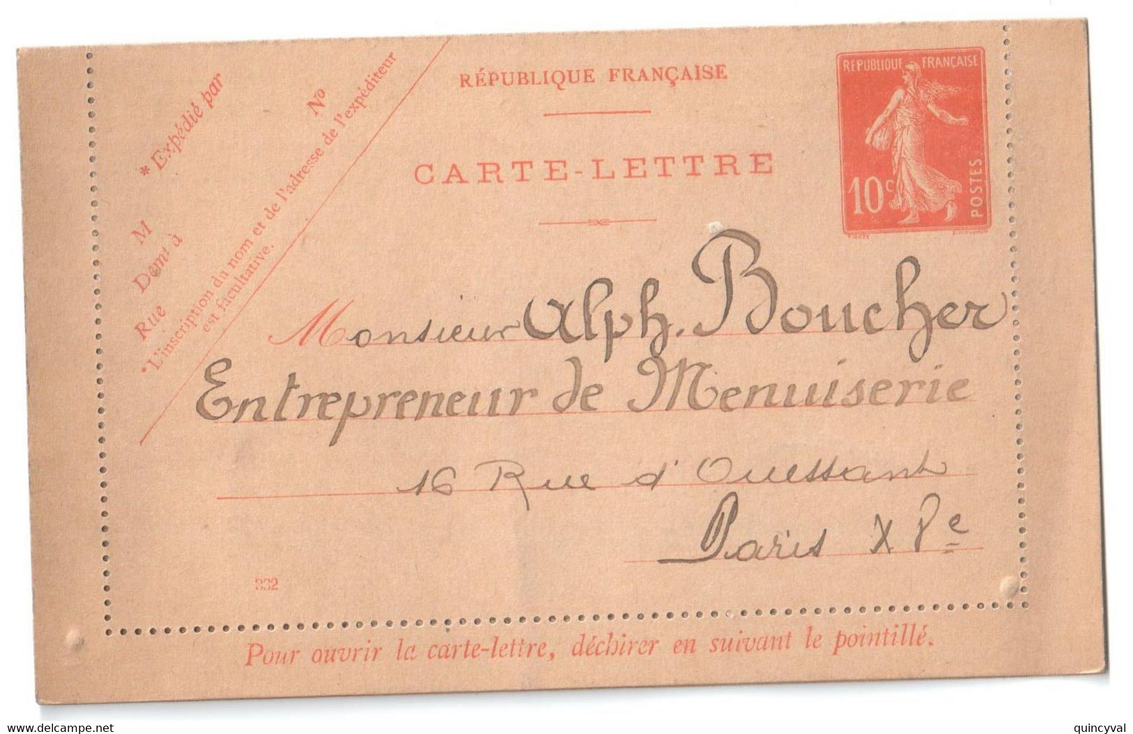 Carte Lettre Entier 10c Semeuse PAS CIRCULEE Adresse Destinataire Rédigée Paris Manuscrit Yv Storch E8 Mill 332 - Kartenbriefe