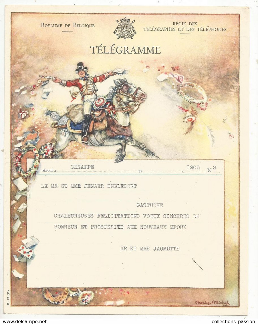 TELEGRAMME , Royaume De Belgique , Genappe , Wavre , 1946, Frais Fr 1.85 E - Francobolli Telegrafici [TG]