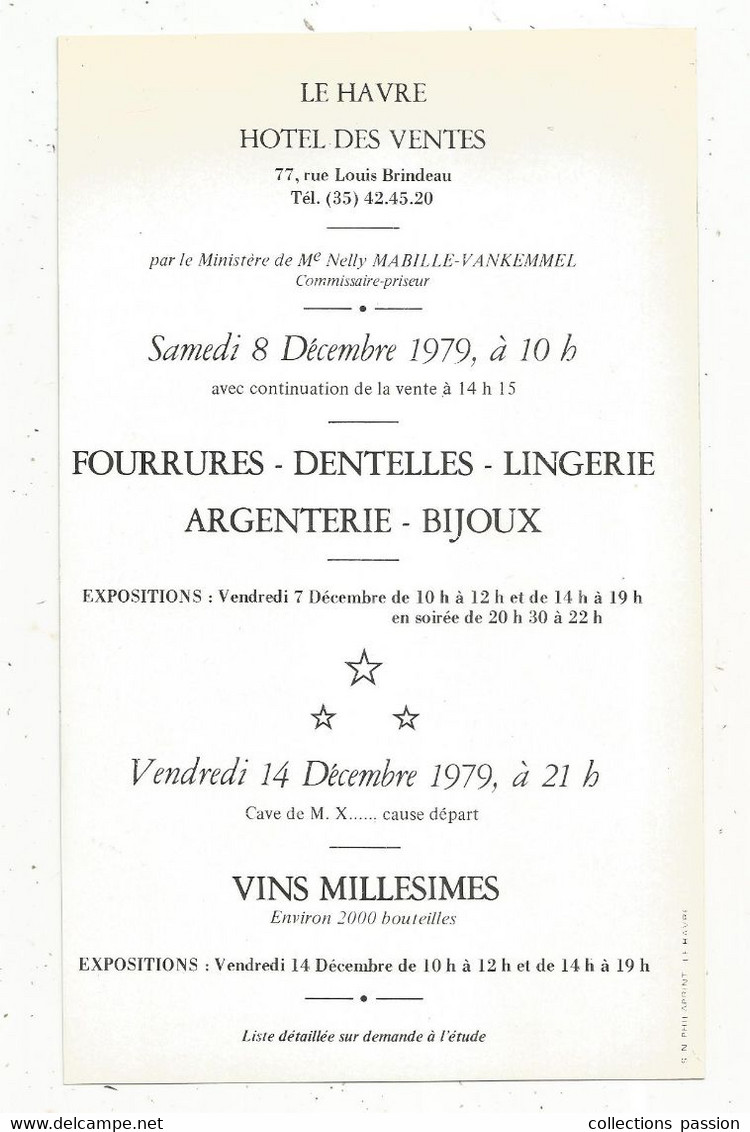 Publicité, Vente Aux Enchères ,Hôtel Des Ventes,LE HAVRE ,1979, Fourrures,dentelles...vins Millésimés, Frais Fr 1.85 E - Advertising