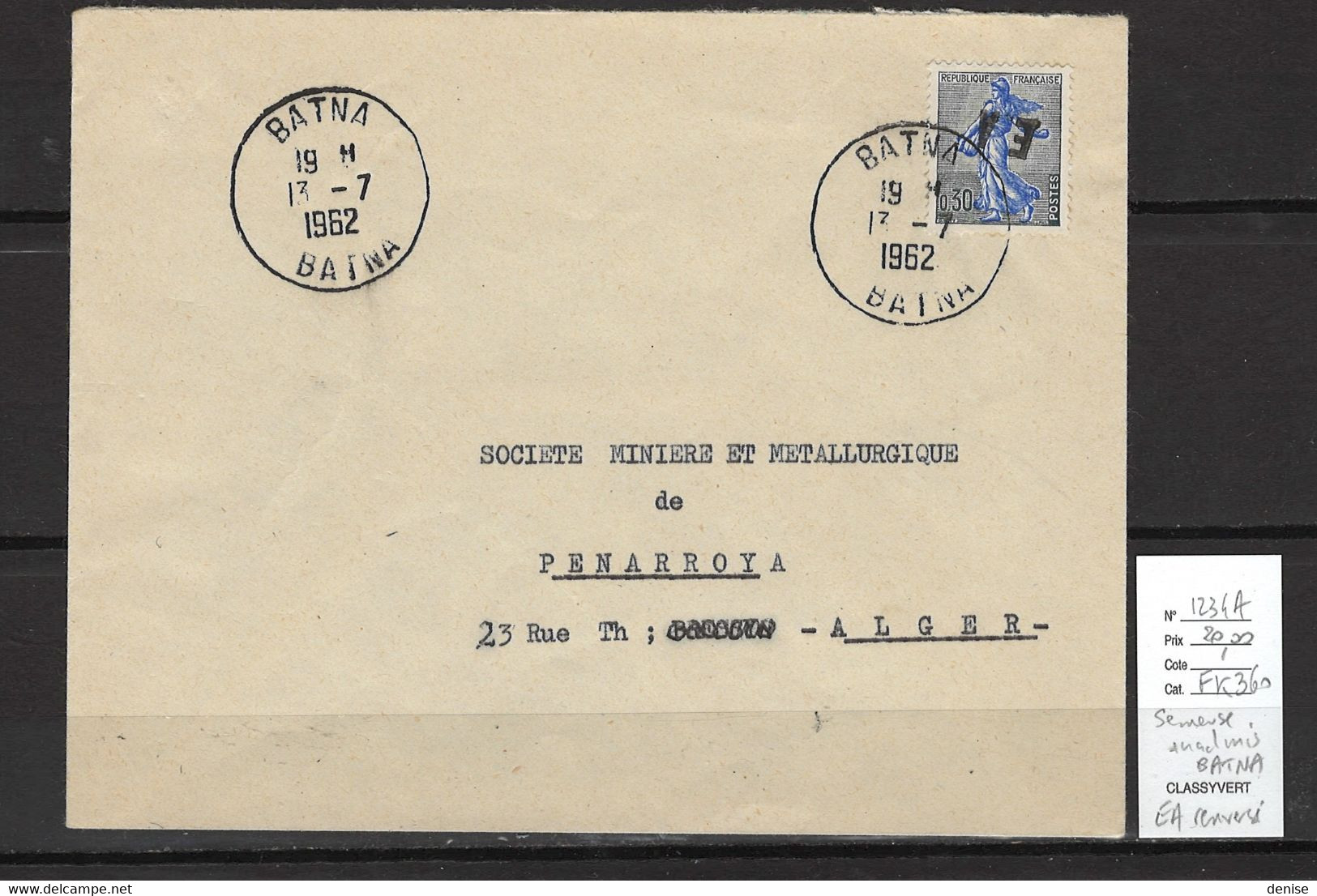 Algerie -EA Renversé Batna Sur Semeuse Yvert 1234 A - Inadmise - 07/1962 - Briefe U. Dokumente