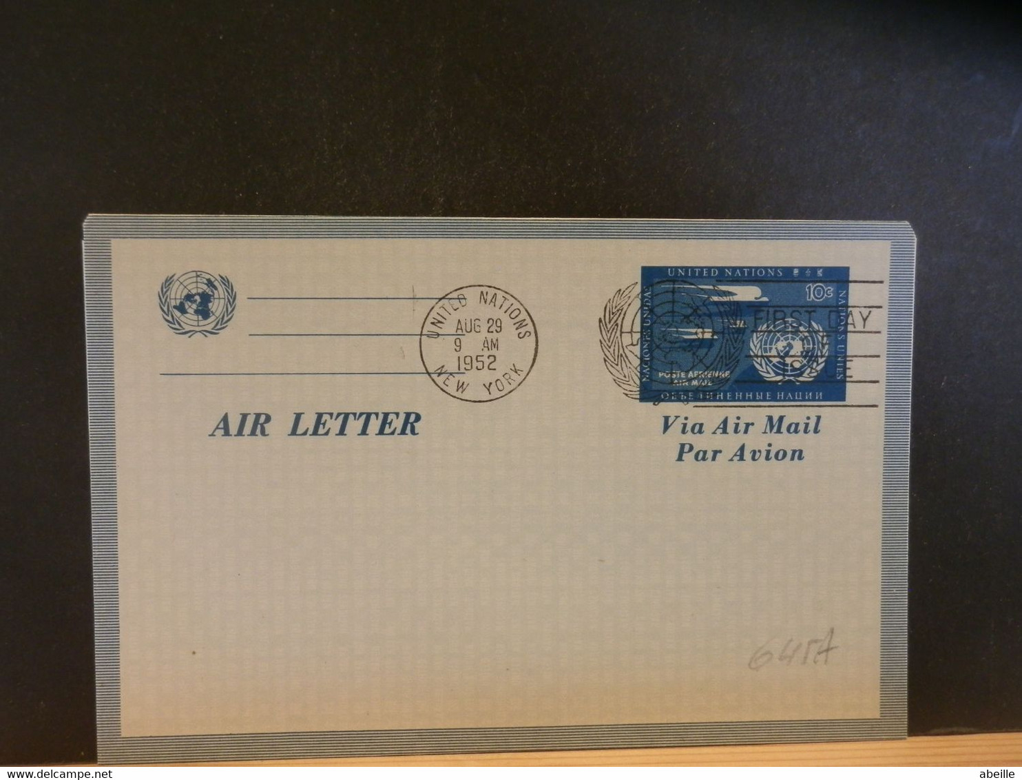AEROGRAMME 645A:  AIR LETTER 1952 UN - Airmail