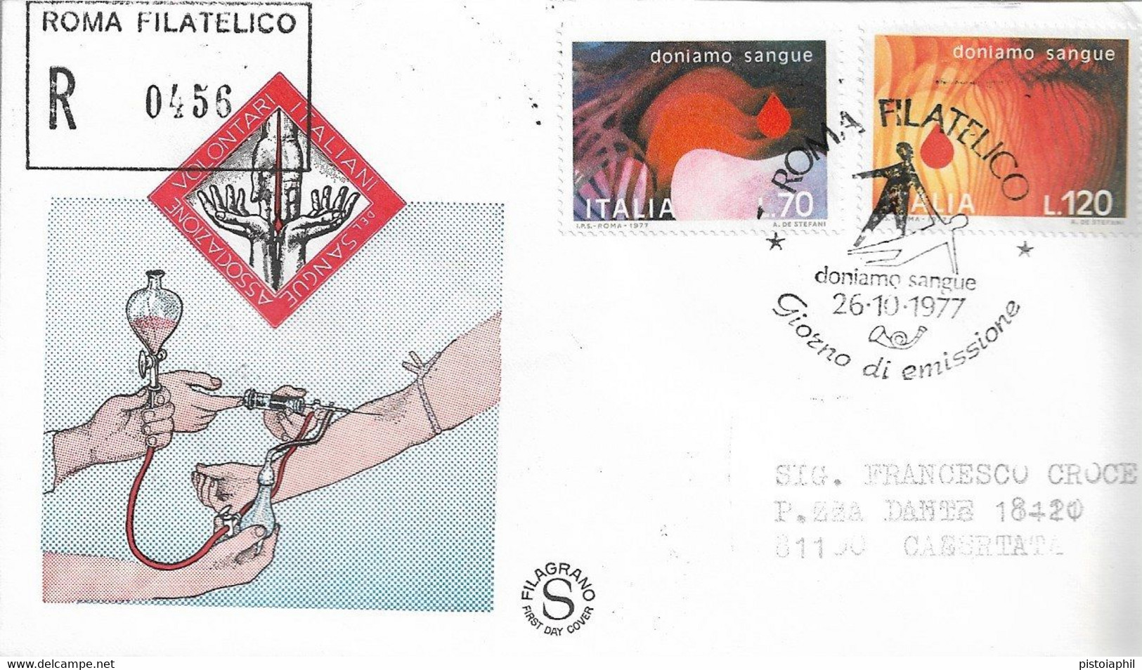 Fdc Filagrano: DONATORI DEL SANGUE 1977; Raccomandata ; AS_Roma - FDC