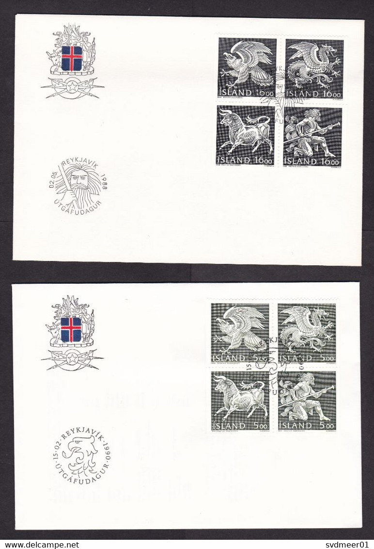 Iceland: 4x FDC First Day Cover, 1988-1990, Guardian Spirits, Dragon, Eagle Bird, Ox, High Value (traces Of Use) - Brieven En Documenten