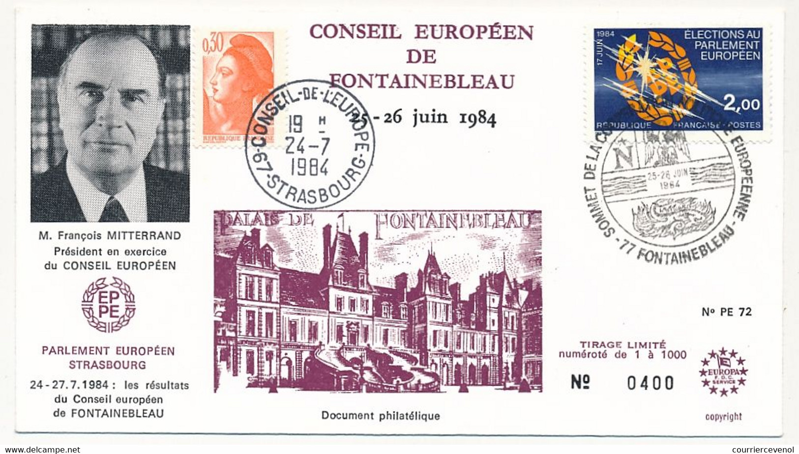 FRANCE => Env Affr 2,00F Elections Parlement E. Obl Sommet Conseil Européen De Fontainebleau - 1984 - Covers & Documents