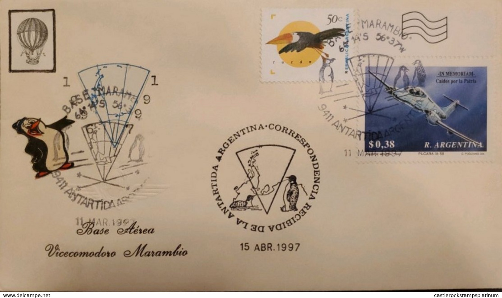 P) 1997 ARGENTINA, COVER, MAP ANTARCTICA AIR BASE MARAMBIO, PUCARÁ MEMORIAM- TUCAN STAMP, XF - Autres & Non Classés