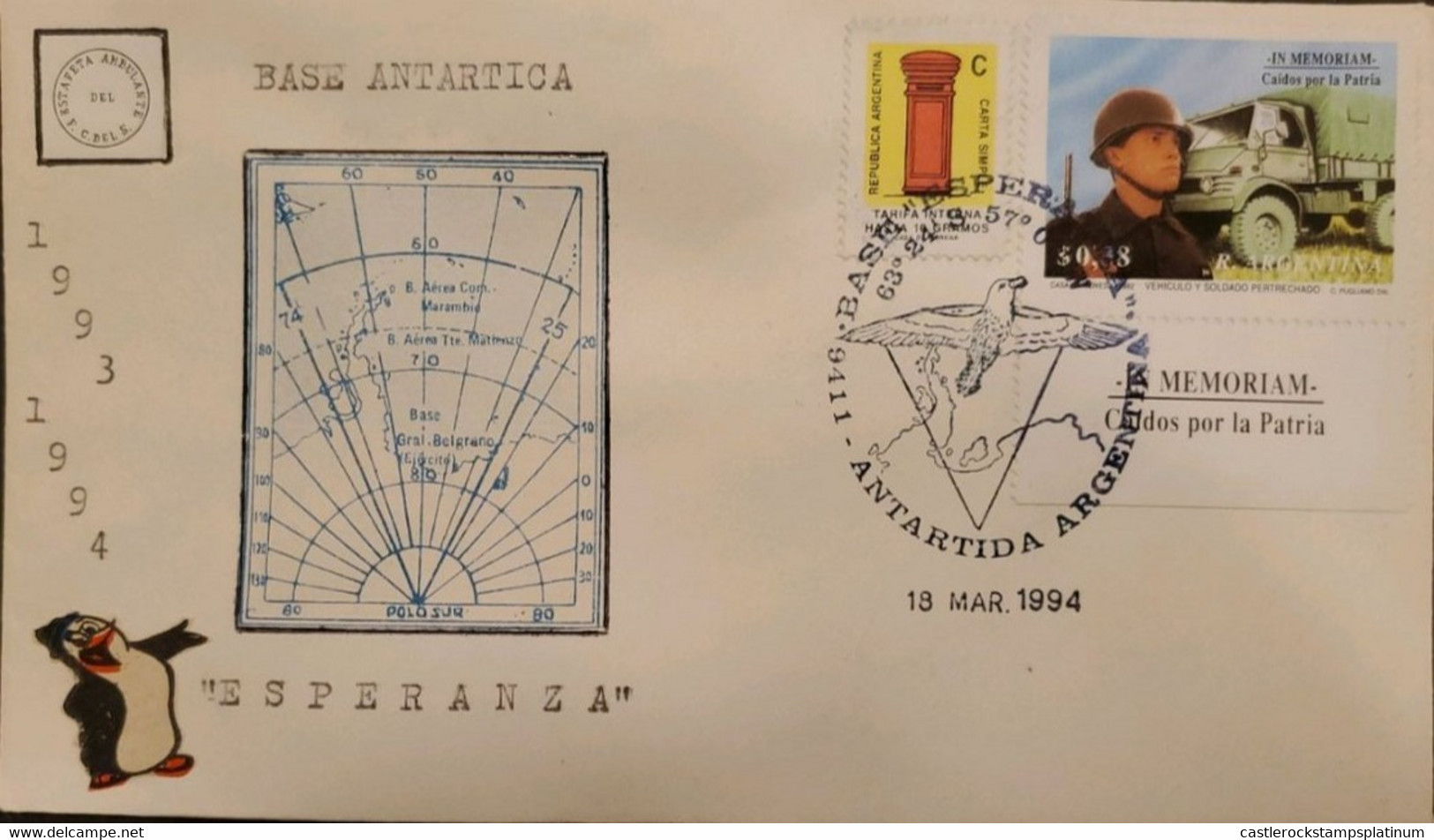 P) 1994 ARGENTINA, COVER, MAP ANTARCTICA BASE ESPERANZA, SOLDIER MEMORIAM-SIMPLE LETTER STAMP, XF - Autres & Non Classés