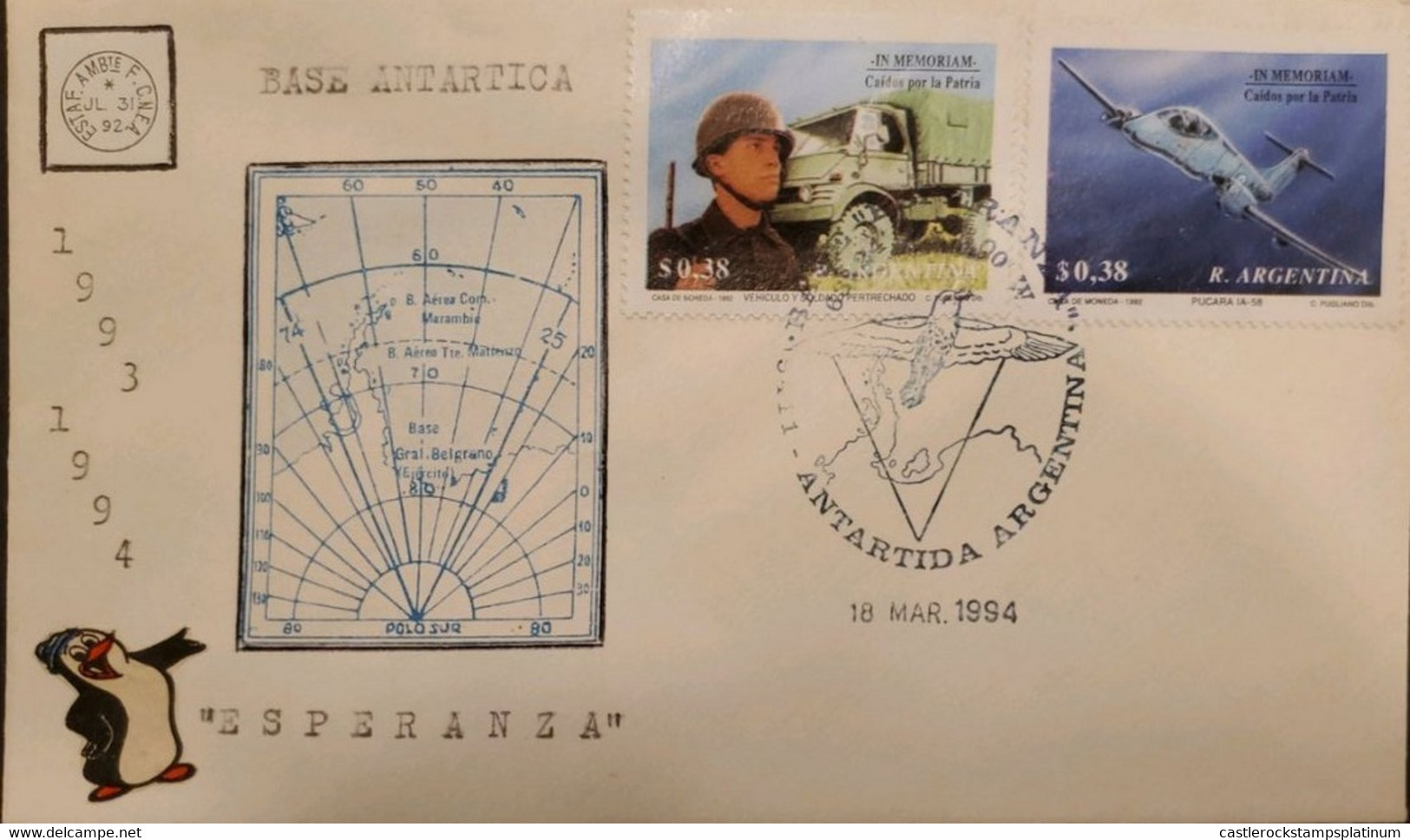 P) 1994 ARGENTINA, COVER, MAP ANTARCTICA BASE ESPERANZA, SOLDIER-PUCARÁ MEMORIAM STAMP, XF - Altri & Non Classificati