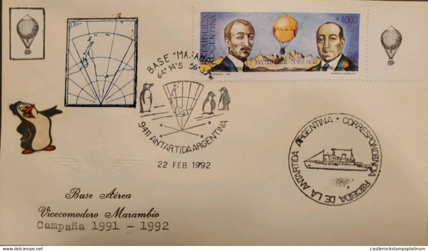 P) 1992 ARGENTINA, COVER, MAP ANTARCTICA AIR BASE MARAMBIO, 75TH ANNIVERSARY CROSSING ANDES BY BALLON STAMP, XF - Other & Unclassified