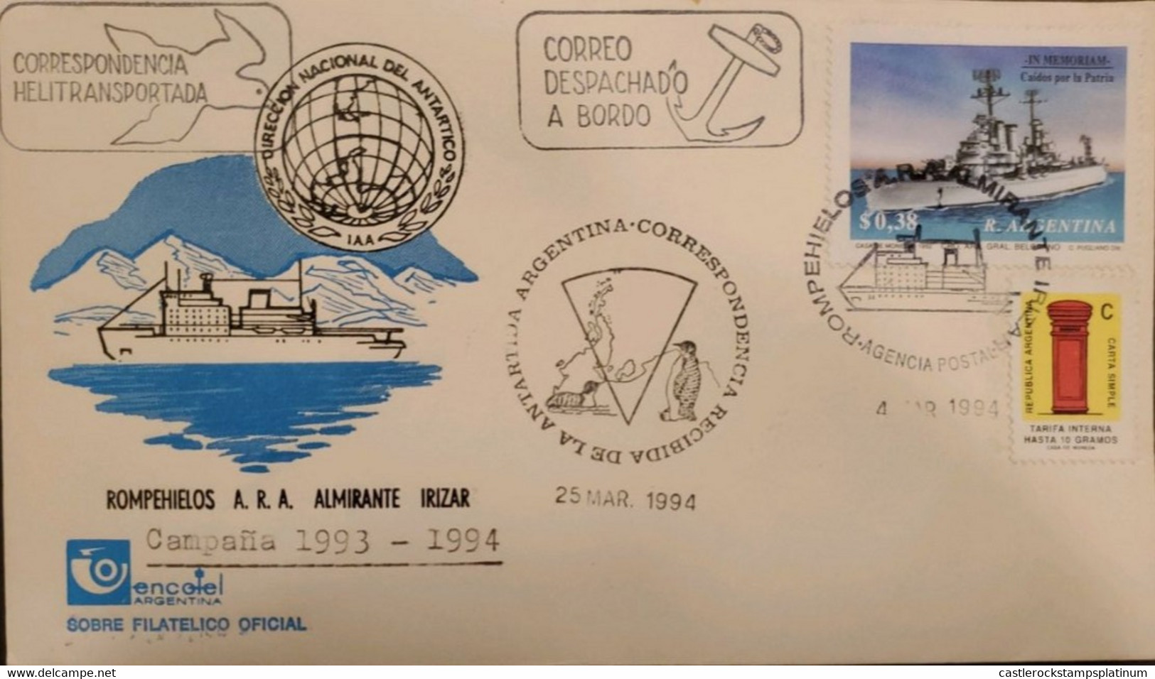 P) 1994 ARGENTINA, COVER, ANTARCTICA ICEBREAKER A.R.A. ADMIRAL IRIZAR, BATTLESHIP A.R.A BELGRANO STAMP, NAVAL MAIL, XF - Sonstige & Ohne Zuordnung