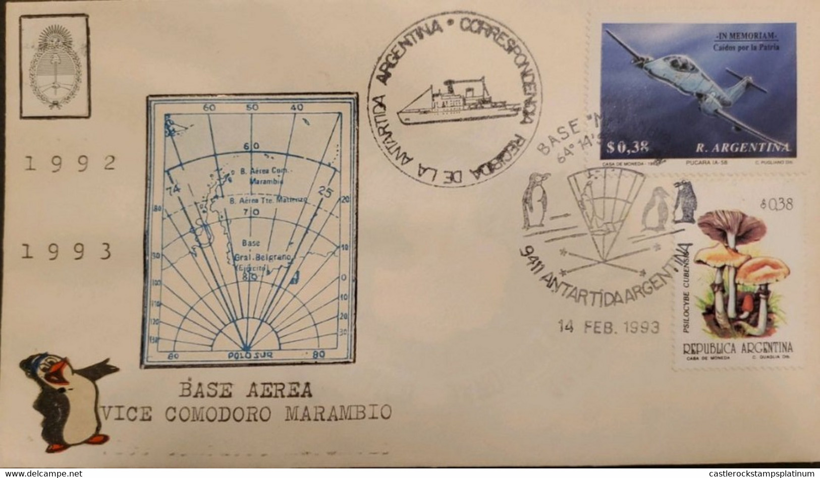 P) 1993 ARGENTINA, COVER, MAP ANTARCTICA AIR BASE MARAMBIO, MEMORIAM- LAUGHING MUSHROOM STAMP, XF - Otros & Sin Clasificación