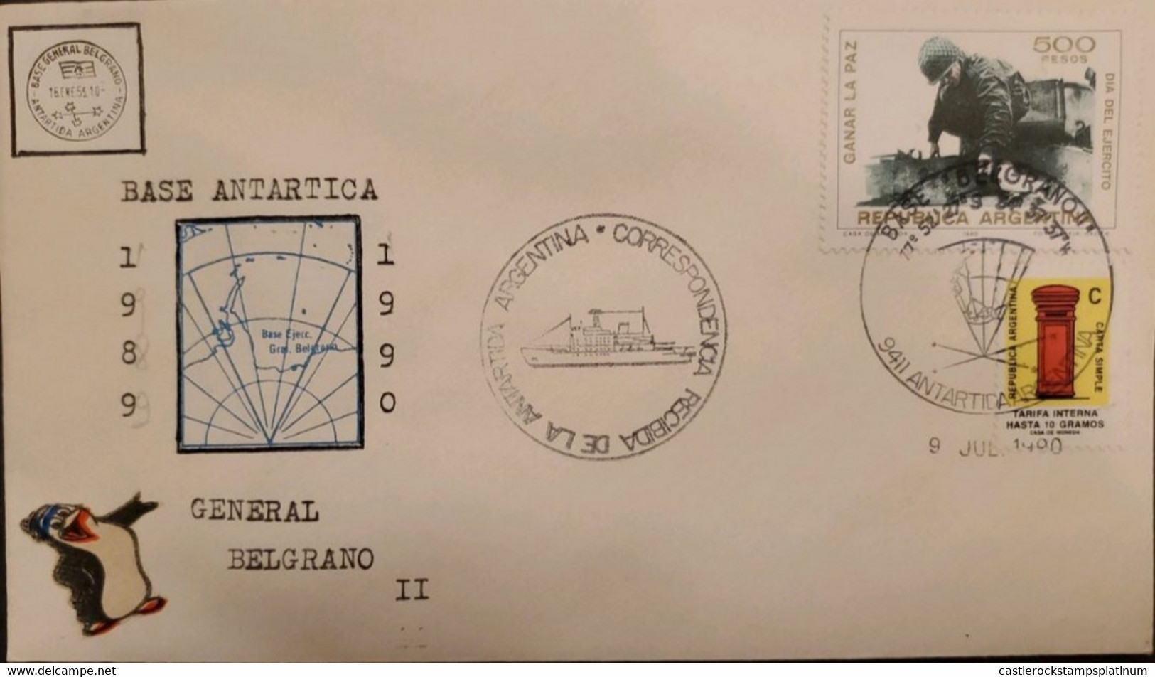 P) 1990 ARGENTINA, COVER, HIGH FACE VALUE, MAP ANTARCTICA BASE BELGRANO, ARMY DAY-SIMPLE LETTER STAMP, XF - Autres & Non Classés