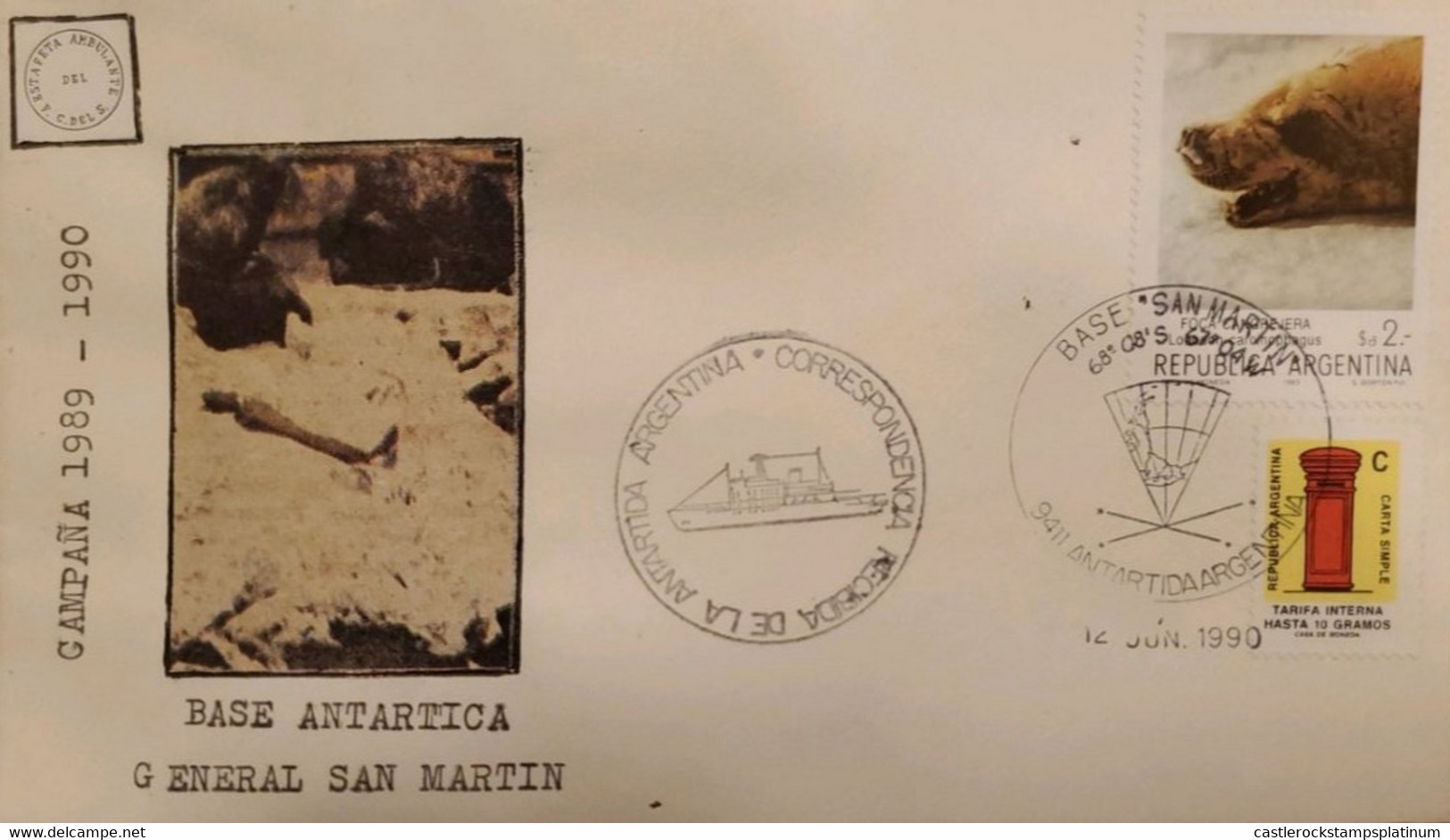 P) 1990 ARGENTINA, COVER ANTARCTICA BASE SAN MARTIN, SEAL CREBEATER-SIMPLE LETTER STAMP, XF - Andere & Zonder Classificatie