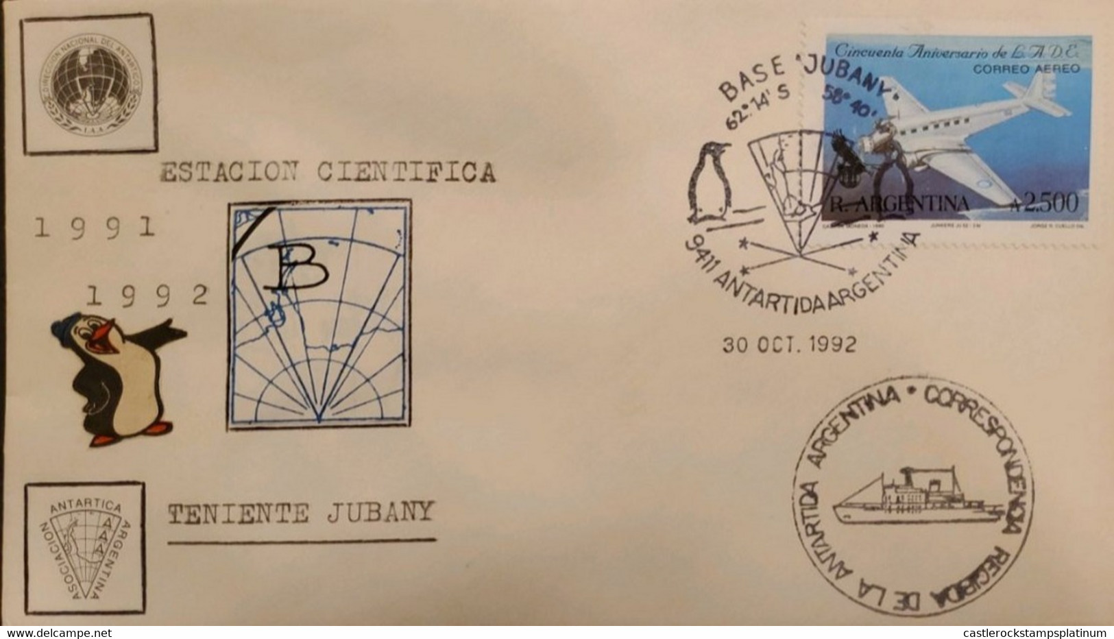 P) 1990 ARGENTINA, COVER, MAP ANTARCTICA BASE JUBANY, 50TH ANNIVERSARY L.A.D.E JUNKERS STAMP, AIRMAIL, XF - Autres & Non Classés