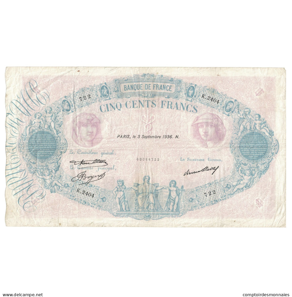 France, 500 Francs, Bleu Et Rose, 1936, 1936-09-03, TB, Fayette:30.37, KM:66m - 100 F 1888-1909 ''Bleu Et Rose''