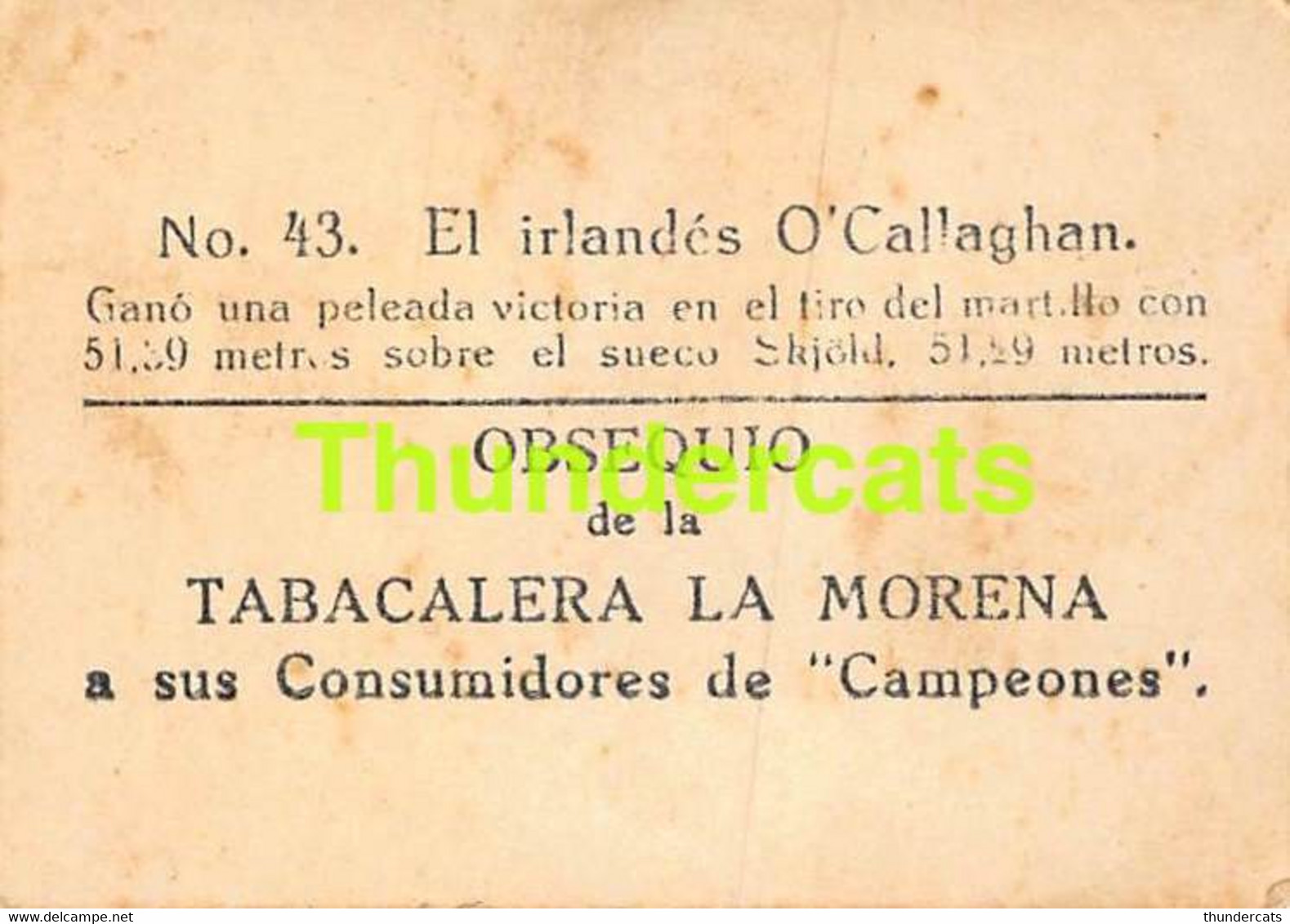VINTAGE TRADING TOBACCO CARD CHROMO ATHLETICS 1928 TABACALERA LA MORENA No 43 IRELAND EIRE O'CALLAGHAN - Athlétisme