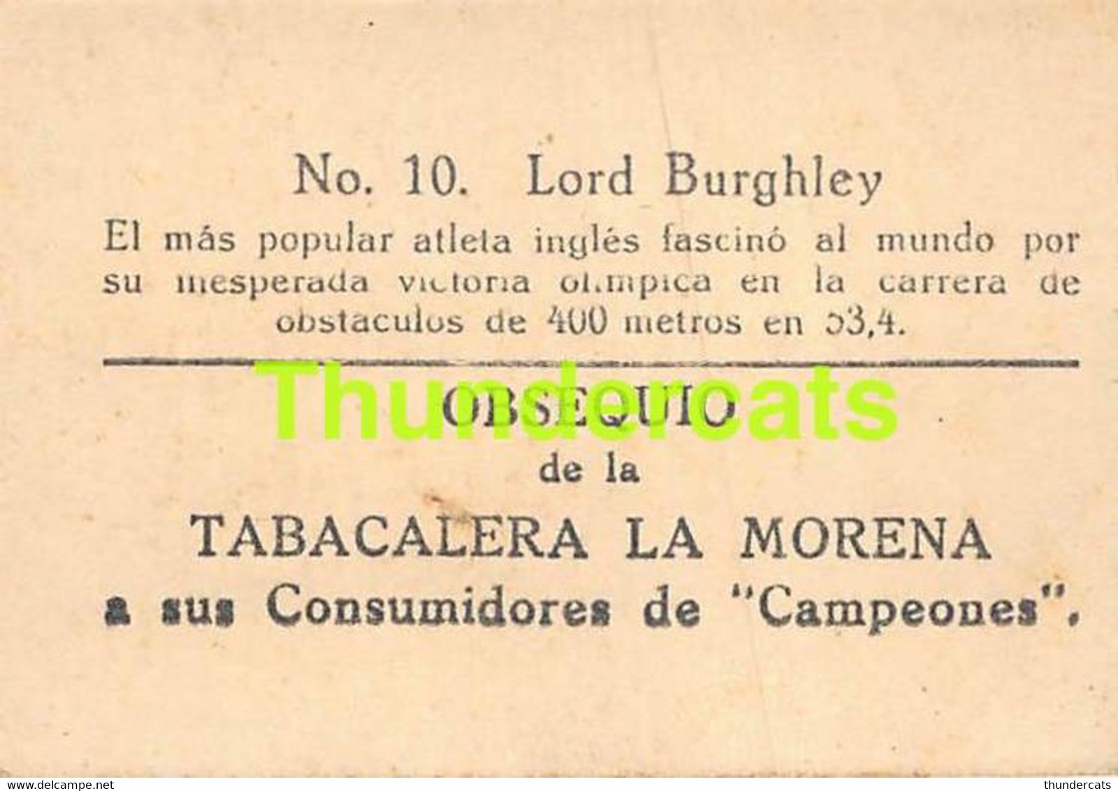 VINTAGE TRADING TOBACCO CARD CHROMO ATHLETICS 1928 TABACALERA LA MORENA No 10 LORD BURGHLEY - Athlétisme