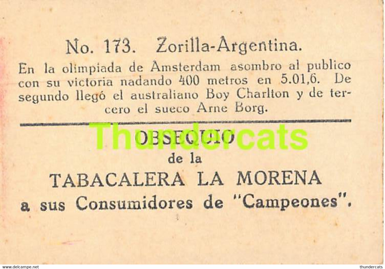 VINTAGE TRADING TOBACCO CARD CHROMO ATHLETICS NATATION SWIMMING 1928 TABACALERA LA MORENA No 173 ZORILLA ARGENTINA - Schwimmen