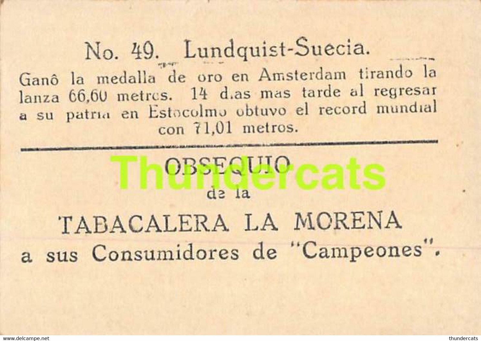 VINTAGE TRADING TOBACCO CARD CHROMO ATHLETICS 1928 TABACALERA LA MORENA No 49 LUNDQUIST SWEDEN - Athlétisme