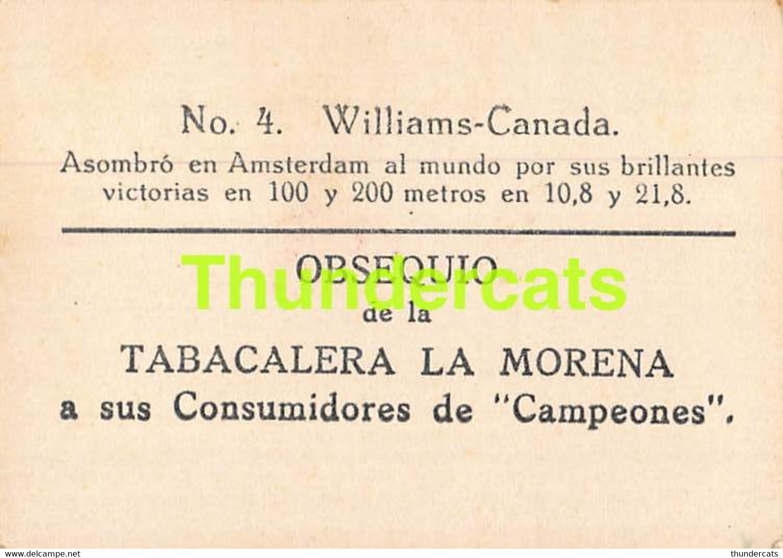 VINTAGE TRADING TOBACCO CARD CHROMO ATHLETICS 1928 TABACALERA LA MORENA No 4 WILLIAMS CANADA - Athlétisme