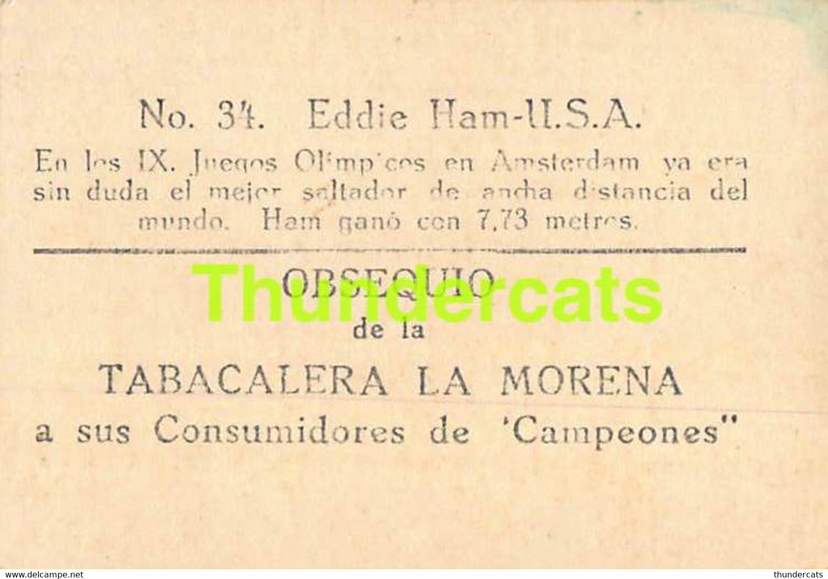 VINTAGE TRADING TOBACCO CARD CHROMO ATHLETICS 1928 TABACALERA LA MORENA No 34 EDDIE HAM USA - Athlétisme