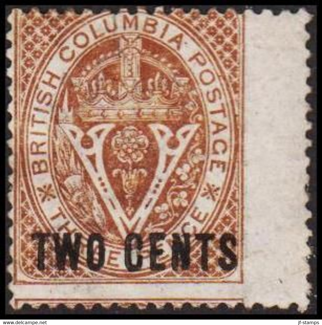 1868. BRITISH COLUMBIA & VANCOUVER ISLAND. TWO CENTS On V & Crown THREE CENTS. Perf. 14. Very Wide Stamp. ... - JF512554 - Nuevos