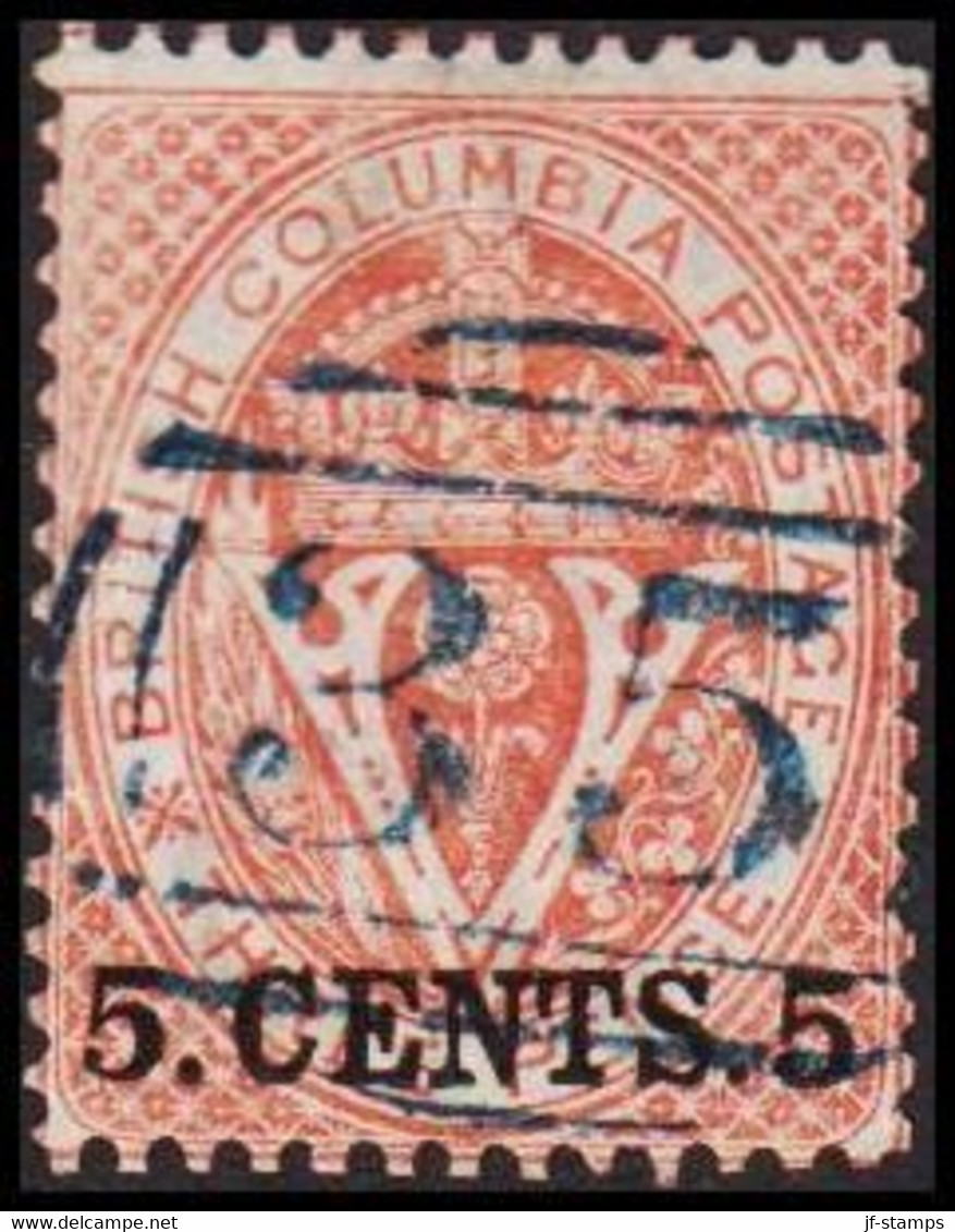 1869-1871. BRITISH COLUMBIA & VANCOUVER ISLAND. 5 CENTS 5 On V & Crown THREE CENTS. Perf. 14. Bluish Cance... - JF512556 - Gebruikt