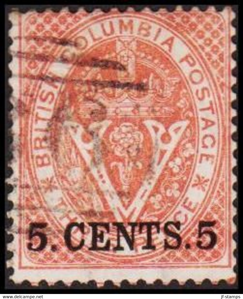 1869-1871. BRITISH COLUMBIA & VANCOUVER ISLAND. 5 CENTS 5 On V & Crown THREE CENTS. Perf. 14.  - JF512557 - Used Stamps