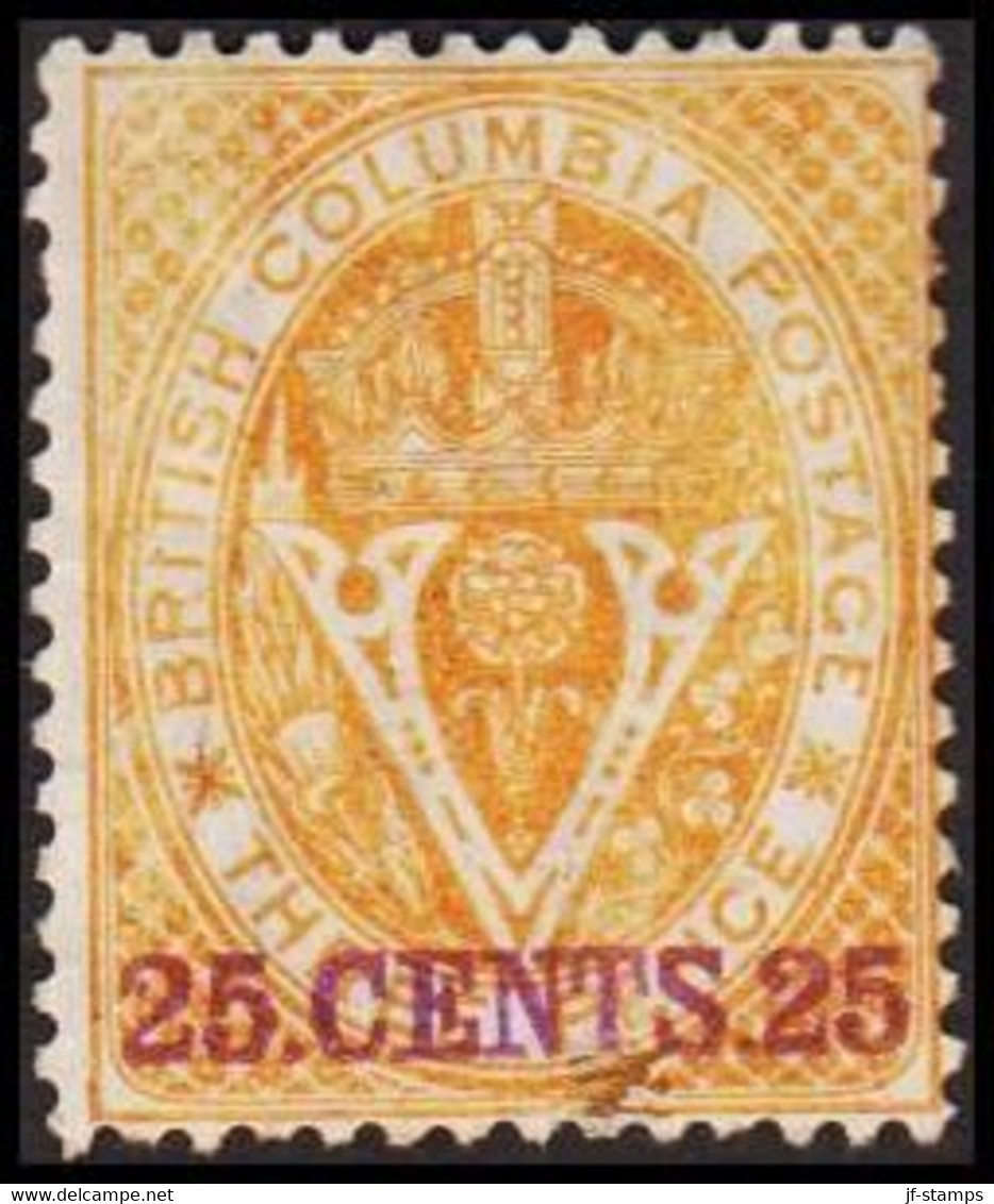 1869-1871. BRITISH COLUMBIA & VANCOUVER ISLAND. 25 CENTS 25 On V & Crown THREE CENTS. Perf. 14. Hinged. - JF512558 - Unused Stamps